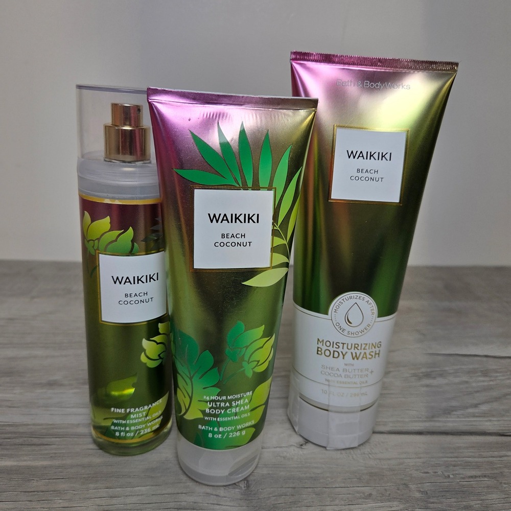 Bath & Body Works Waikiki Beach Coconut Body Wash, Body Cream Fragrance Mist Set